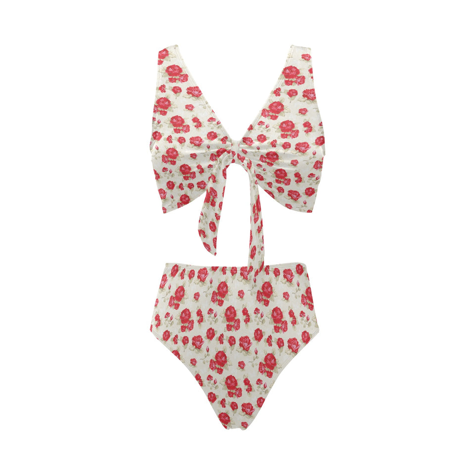 Rose Pattern Print Design 01 Chest Bowknot High Waisted Bikini Swimsuit