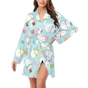 Cute snowman snowflake pattern Women's Long Sleeve Belted Night Robe