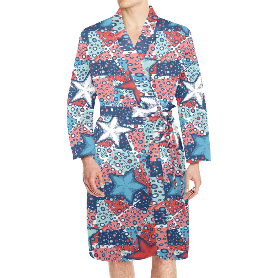 Hand drawn colorful starfish Men's Long Sleeve Belted Night Robe