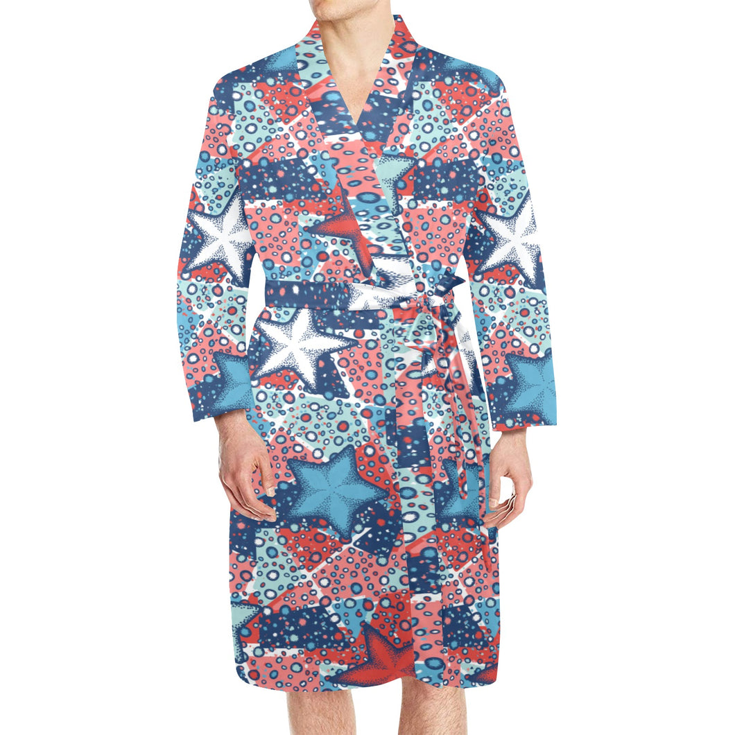 Hand drawn colorful starfish Men's Long Sleeve Belted Night Robe