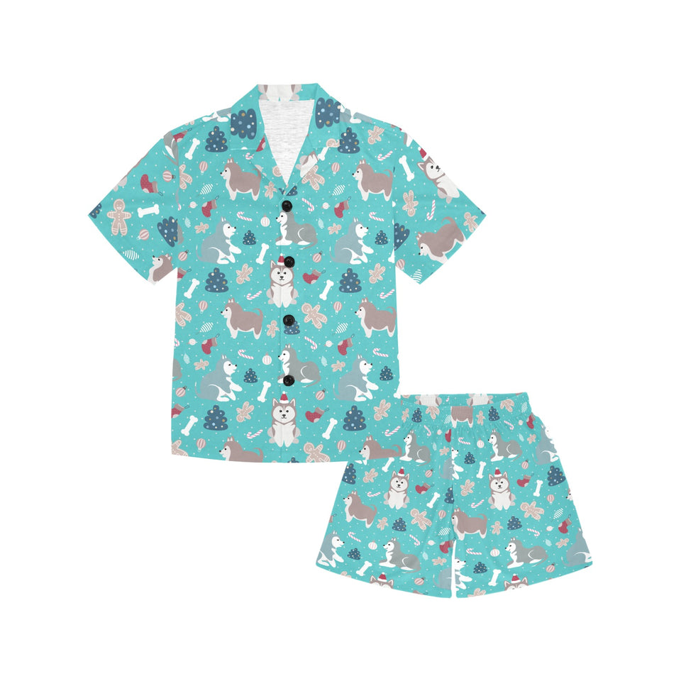 Christmas cute siberian husky puppie pattern Kids' Boys' Girls' V-Neck Short Pajama Set