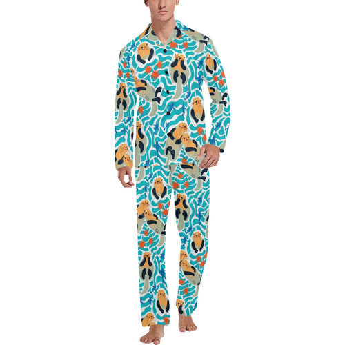 Cute sea otters fishe sea urchin pattern Men's Long Pajama Set
