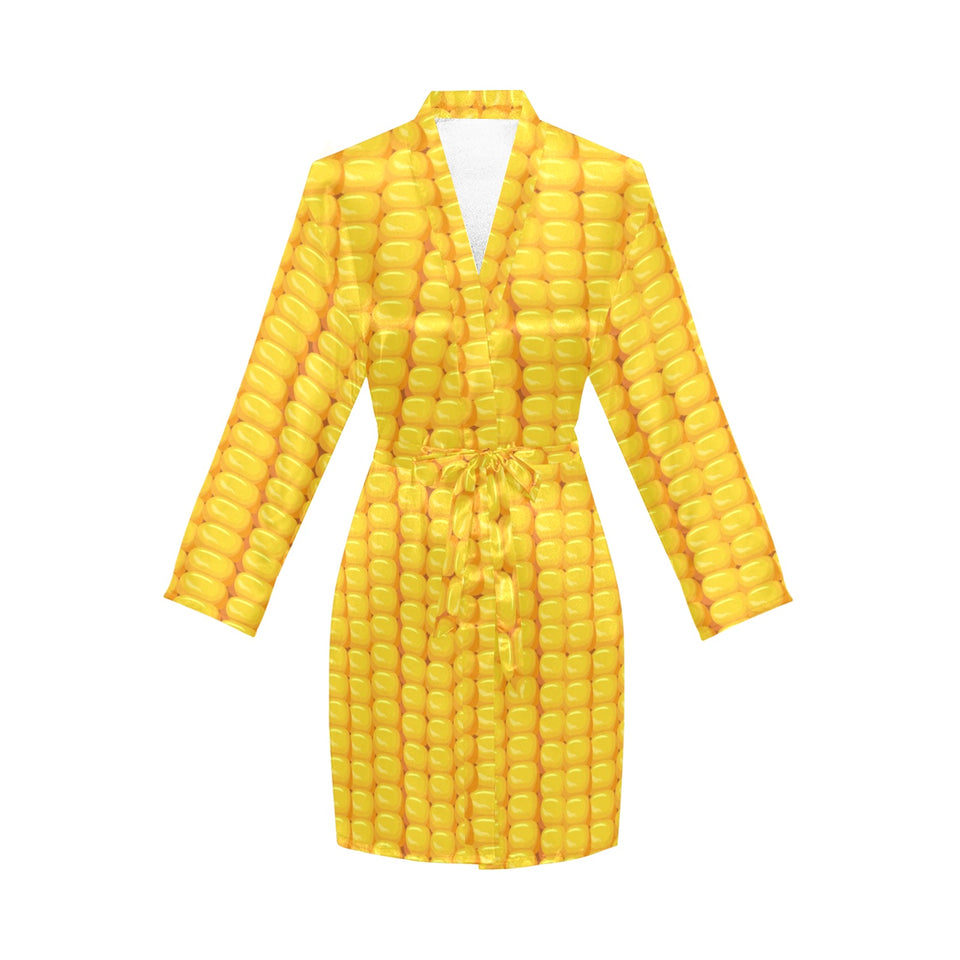 Corn Pattern Print Design 04 Women's Long Sleeve Belted Night Robe
