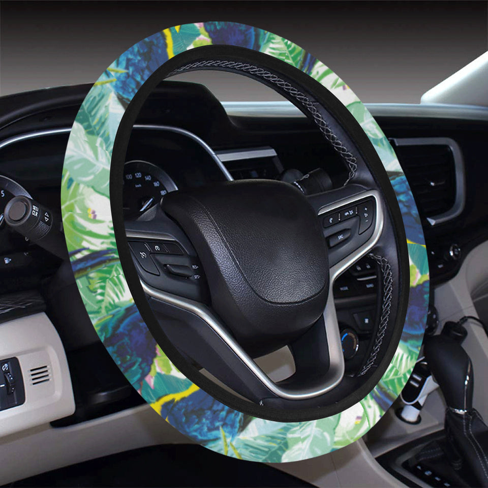 Colorful parrot exotic flower leaves Car Steering Wheel Cover