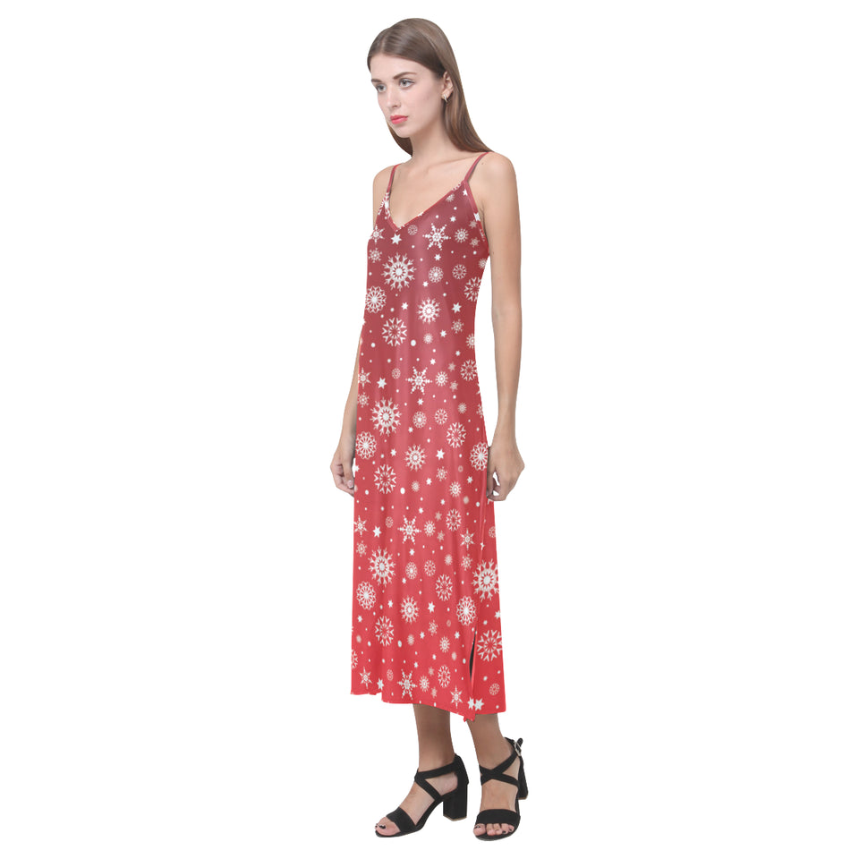 Snowflake pattern red background V-Neck Open Fork Long Dress