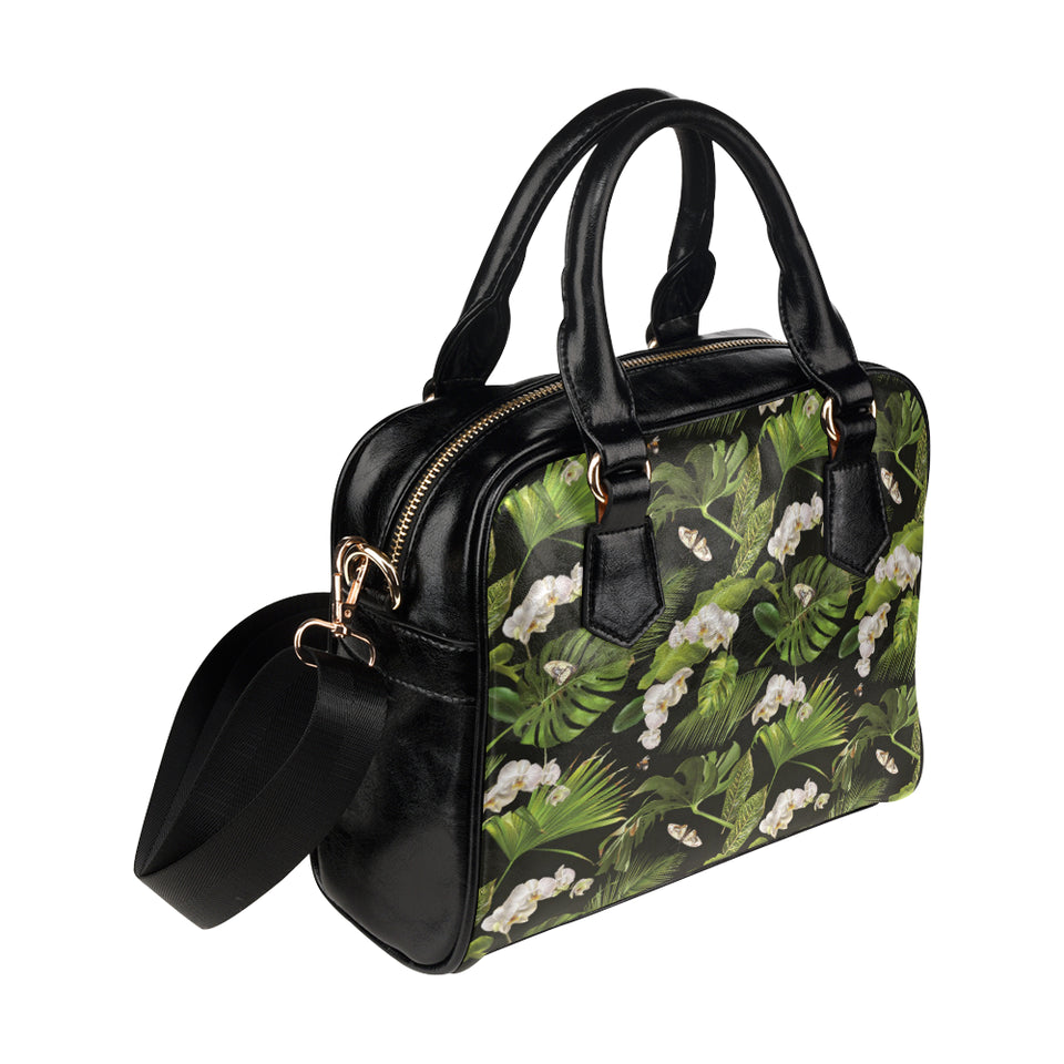 White orchid flower tropical leaves pattern blackg Shoulder Handbag