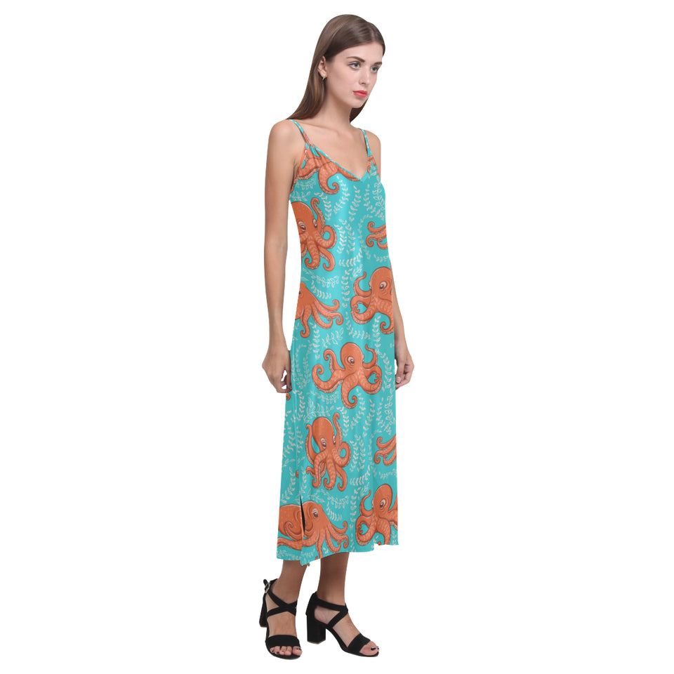 Octopus turquoise background V-Neck Open Fork Long Dress