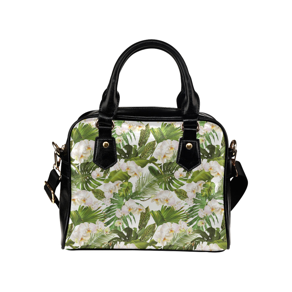 White orchid flower tropical leaves pattern Shoulder Handbag