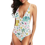 Cute elephants palm tree flower butterfly pattern Women's One-Piece Swimsuit
