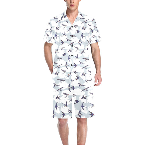 Swallow Pattern Print Design 05 Men's V-Neck Short Pajama Set
