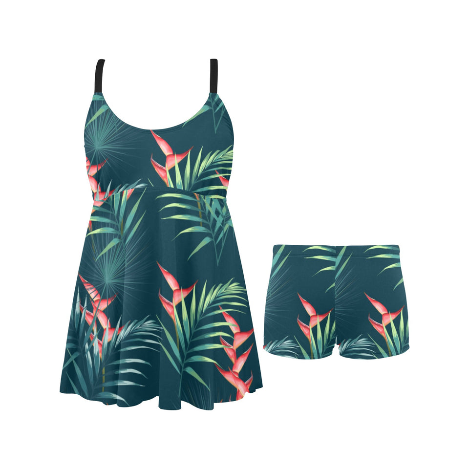 heliconia flowers, palm and monstera leaves on bla Chest Sexy Pleated Two Piece Swim Dress