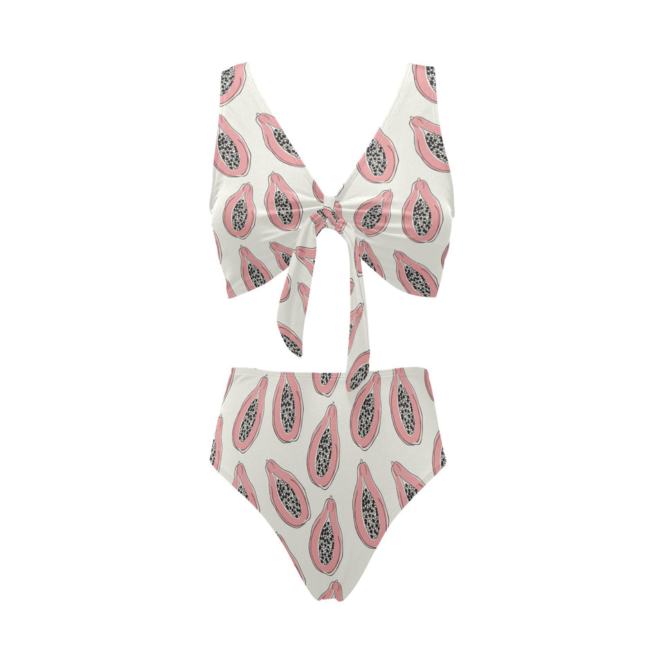papaya pattern Chest Bowknot High Waisted Bikini Swimsuit
