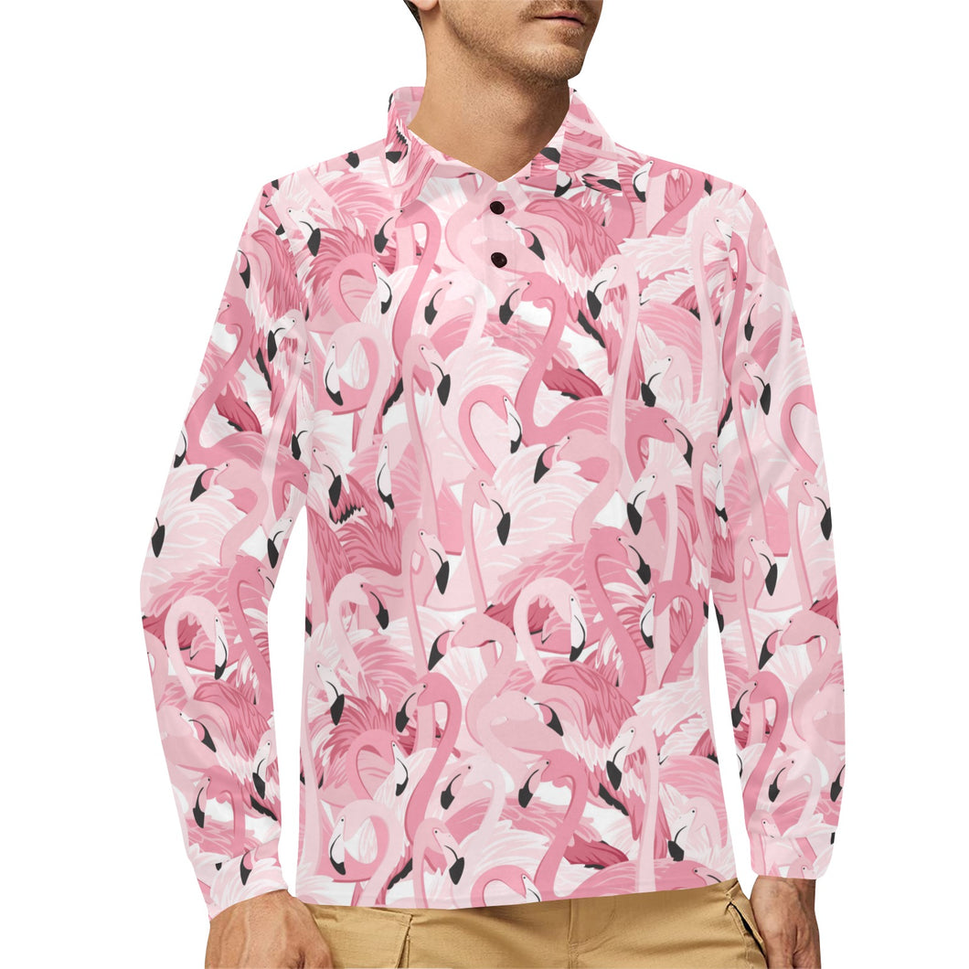 Pink flamingos pattern background Men's Long Sleeve Polo Shirt