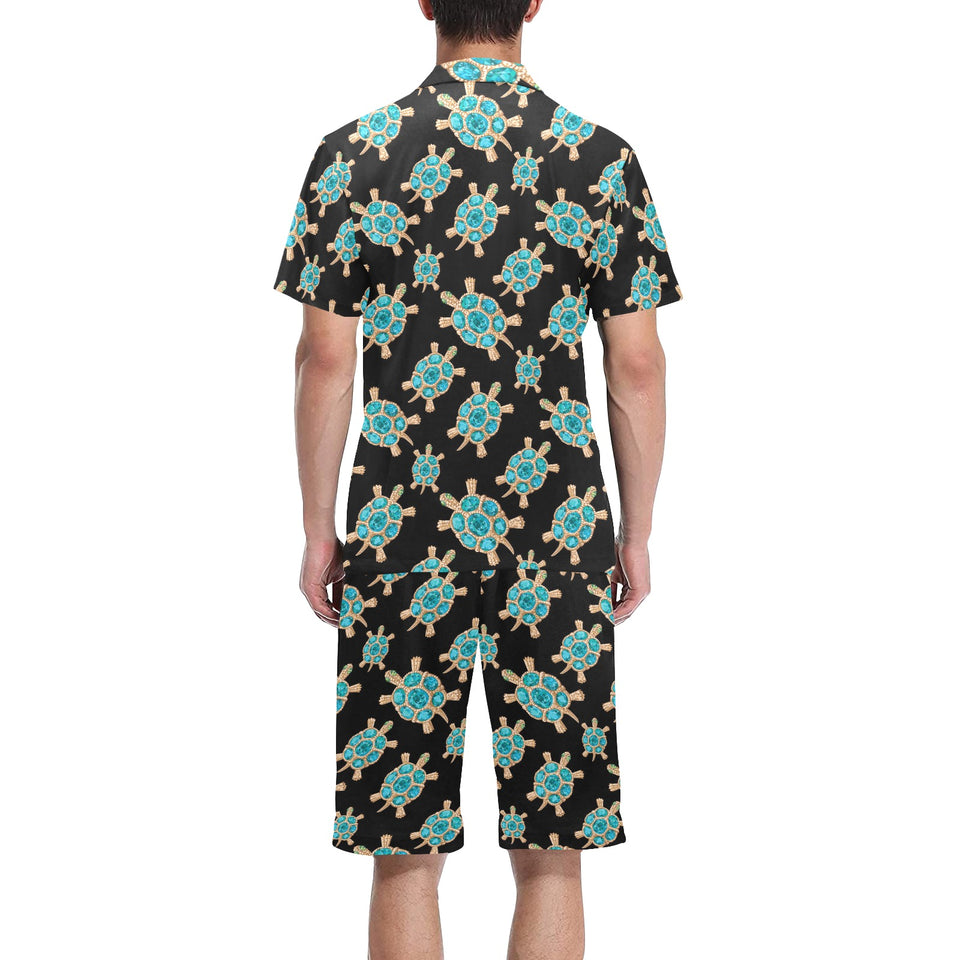 Sea turtle blue stone pattern Men's V-Neck Short Pajama Set