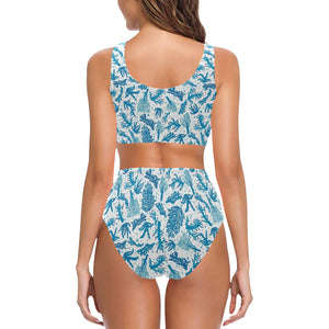 Coral Reef Pattern Print Design 01 Chest Bowknot High Waisted Bikini Swimsuit