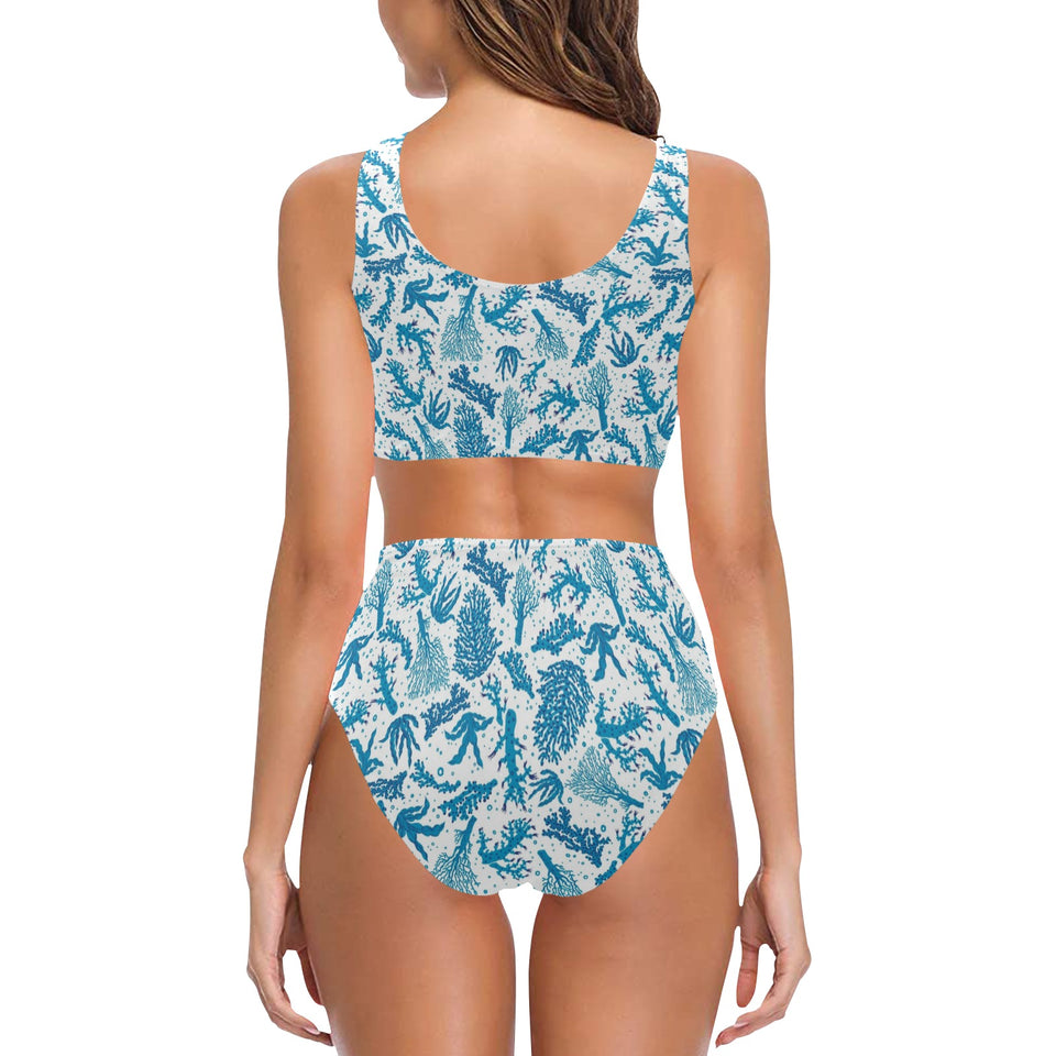 Coral Reef Pattern Print Design 01 Chest Bowknot High Waisted Bikini Swimsuit
