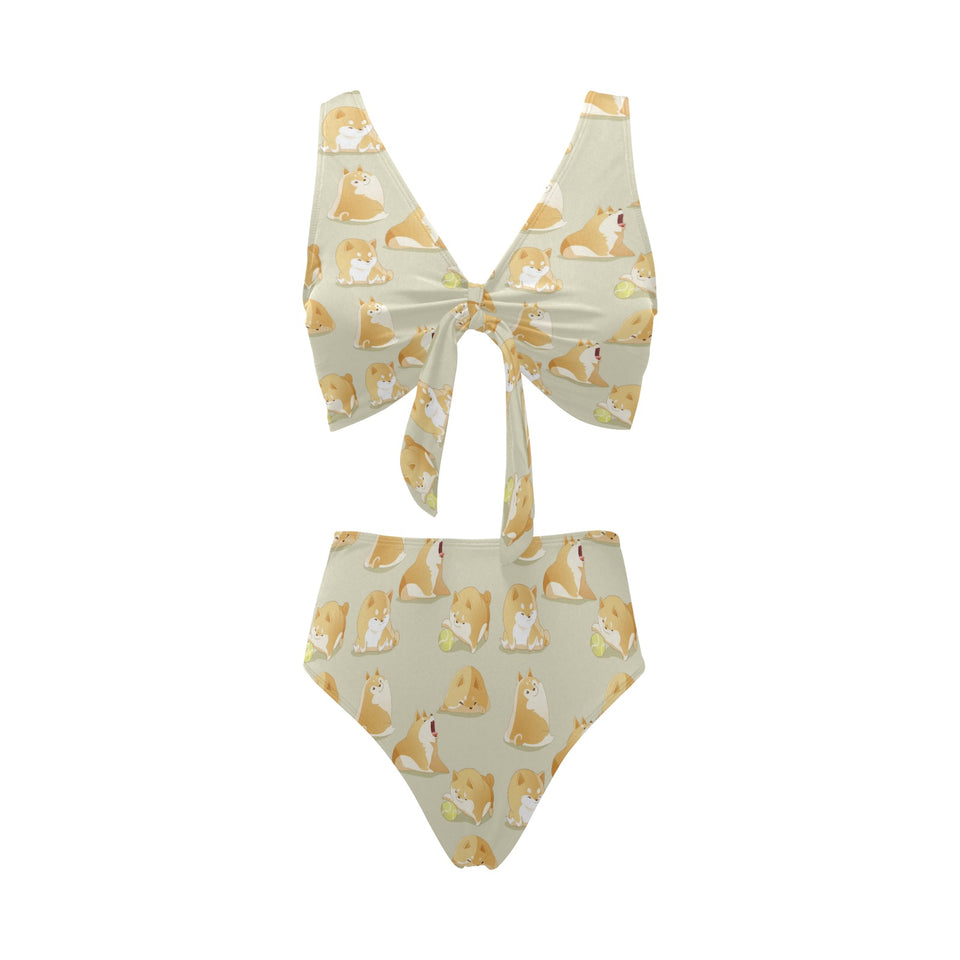 Cute fat shiba inu dog pattern Chest Bowknot High Waisted Bikini Swimsuit