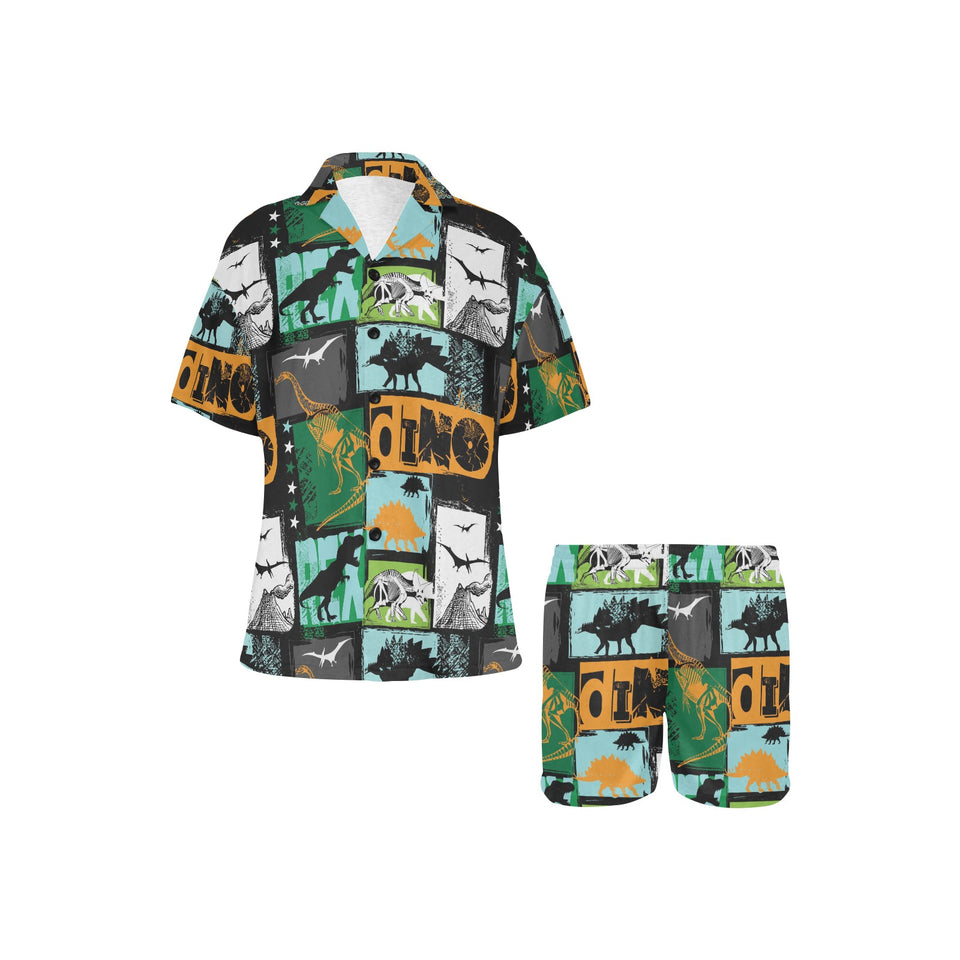 dinosaurs print pattern Women's V-Neck Short Pajama Set