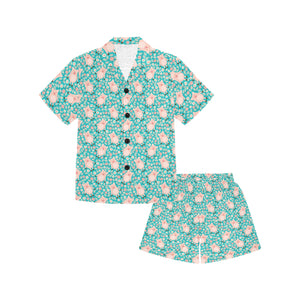 Pig Pattern Print Design 01 Kids' Boys' Girls' V-Neck Short Pajama Set