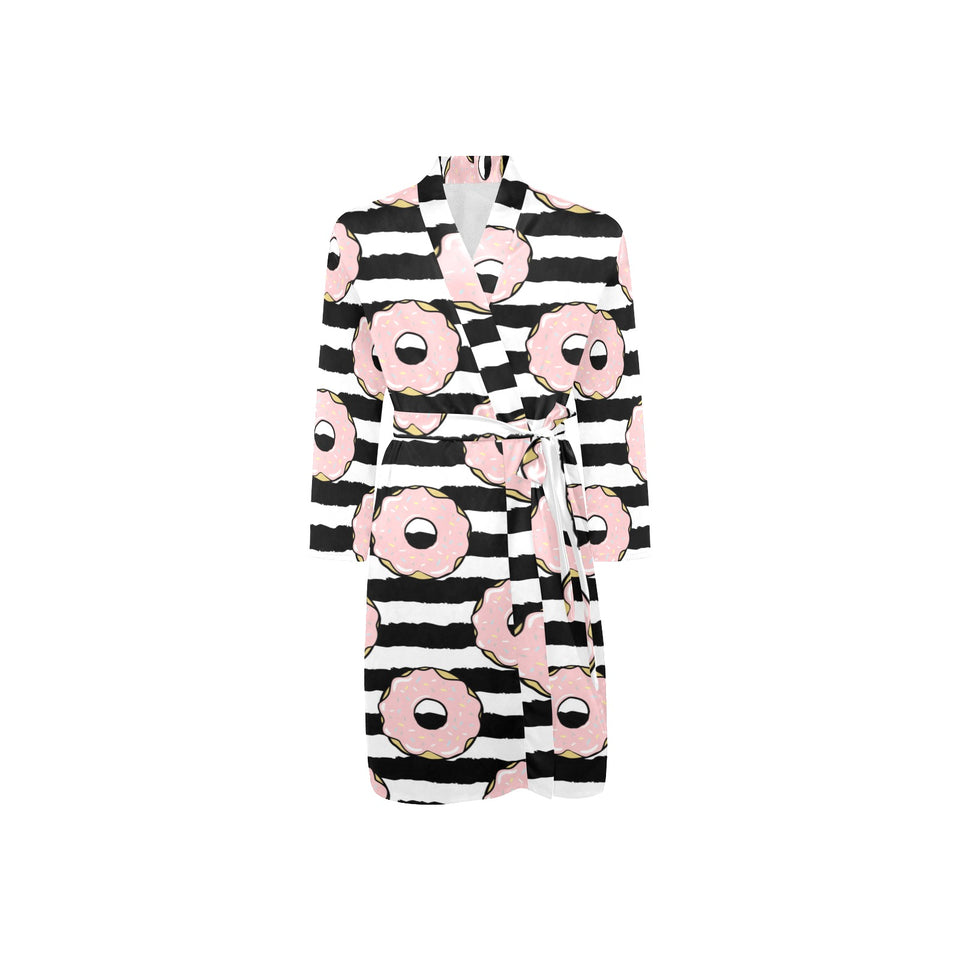 Donuts pink icing striped pattern Men's Long Sleeve Belted Night Robe