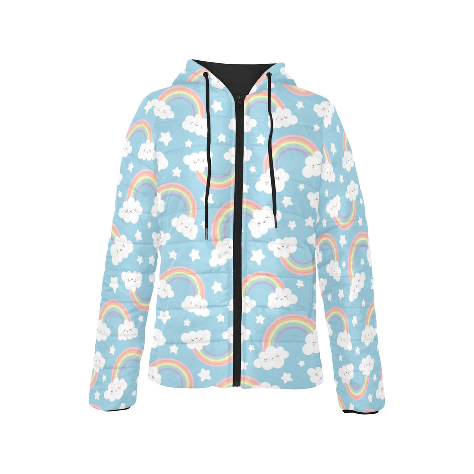 Cute rainbow clound star pattern blue background Women's Padded Hooded Jacket