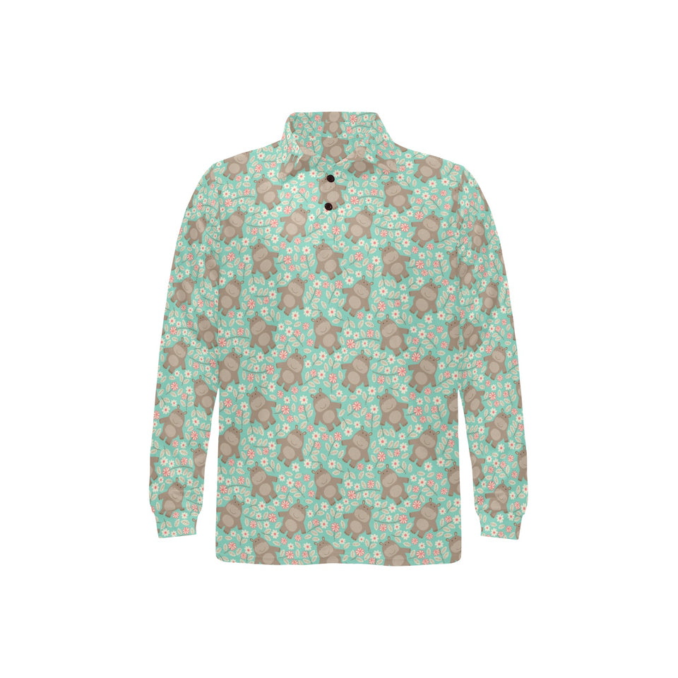 Hippopotamus Pattern Print Design 02 Men's Long Sleeve Polo Shirt