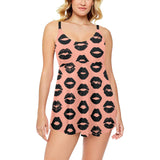 Lips Pattern Print Design 02 Chest Sexy Pleated Two Piece Swim Dress