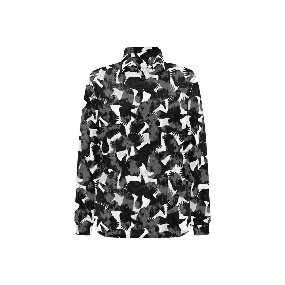 Crow illustration pattern Women's Long Sleeve Polo Shirt