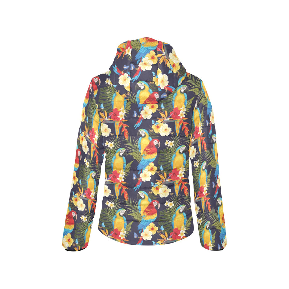 Colorful parrot flower pattern Women's Padded Hooded Jacket