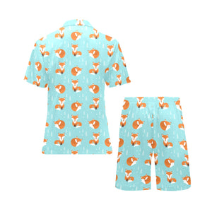 Fox pattern blue b ackground Men's V-Neck Short Pajama Set