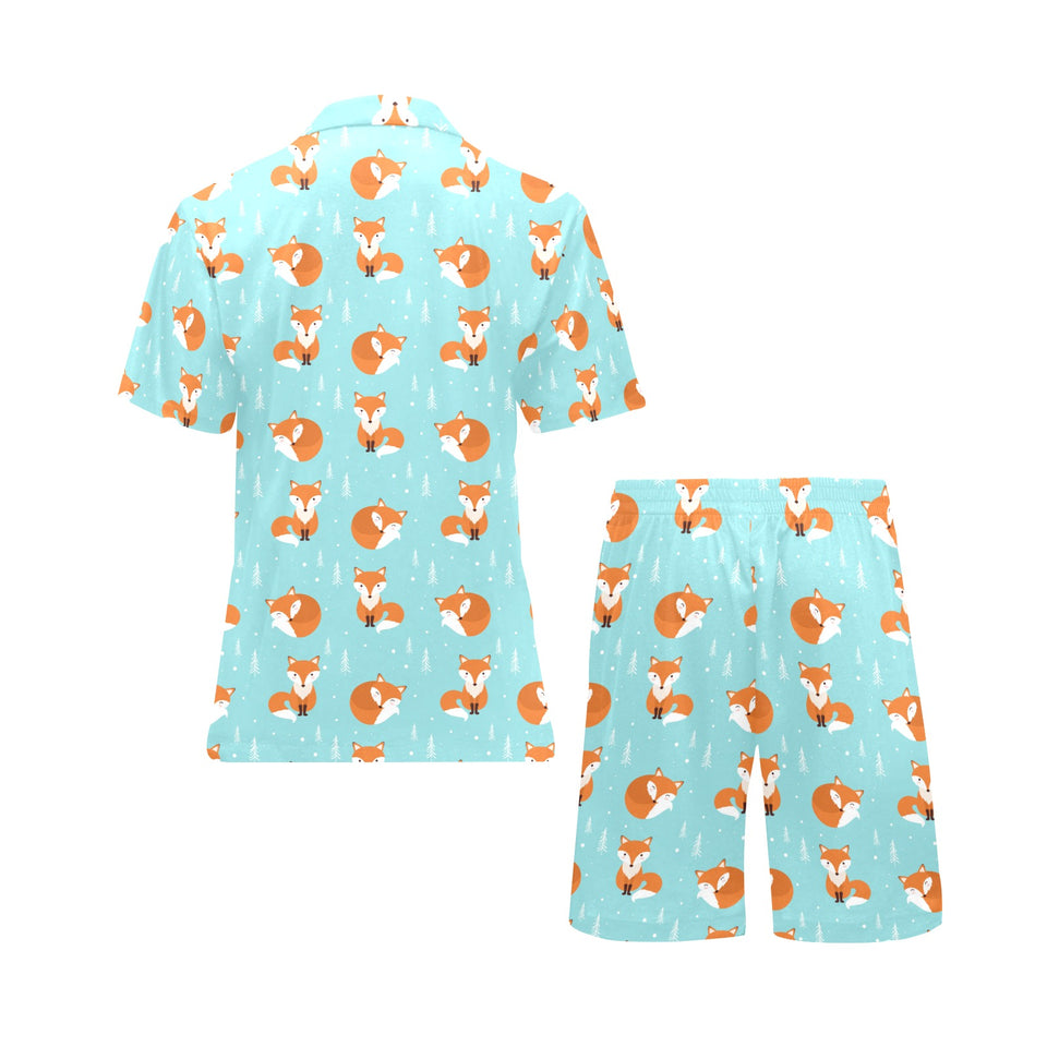 Fox pattern blue b ackground Men's V-Neck Short Pajama Set