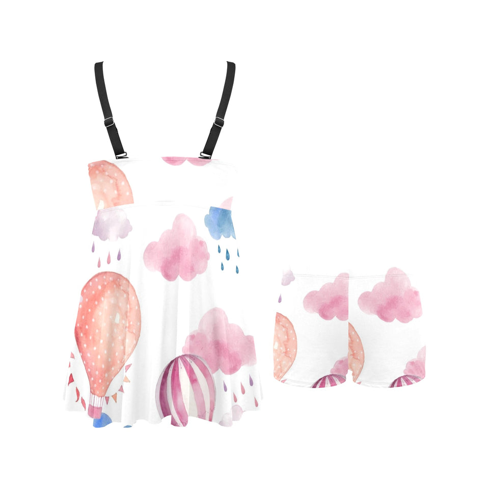 Watercolor air balloon cloud pattern Chest Sexy Pleated Two Piece Swim Dress