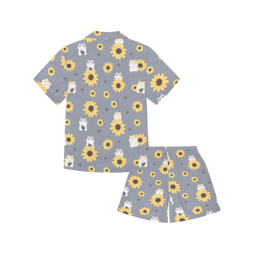 Cute hamster sunflower pattern background Kids' Boys' Girls' V-Neck Short Pajama Set