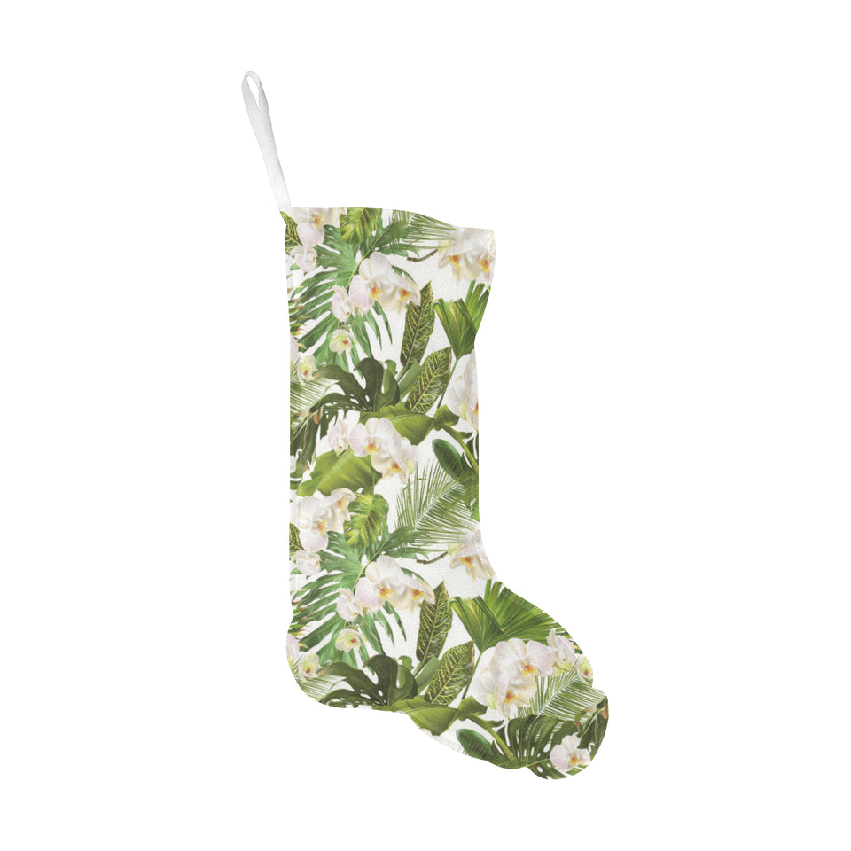 White orchid flower tropical leaves pattern Christmas Stocking