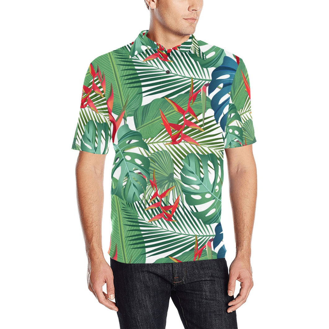 heliconia palm and monstera leaves pattern Men's All Over Print Polo Shirt