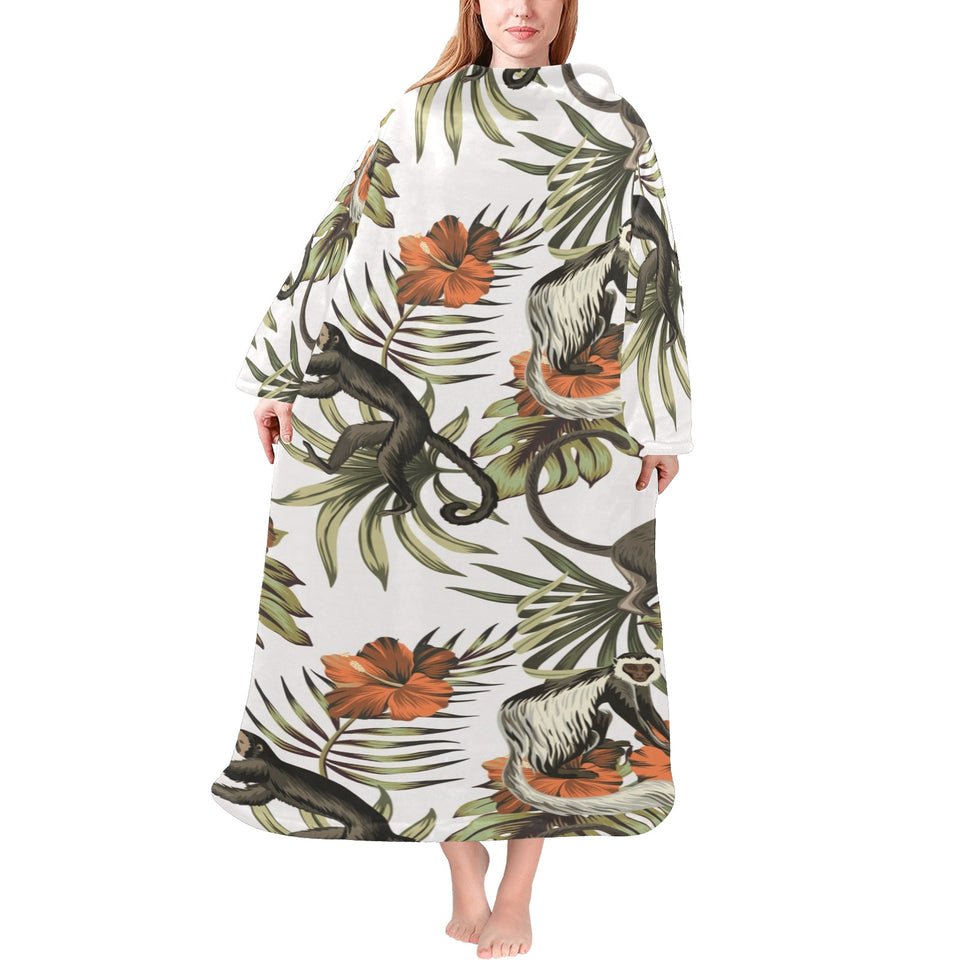 Monkey red hibiscus flower palm leaves floral patt Blanket Robe with Sleeves