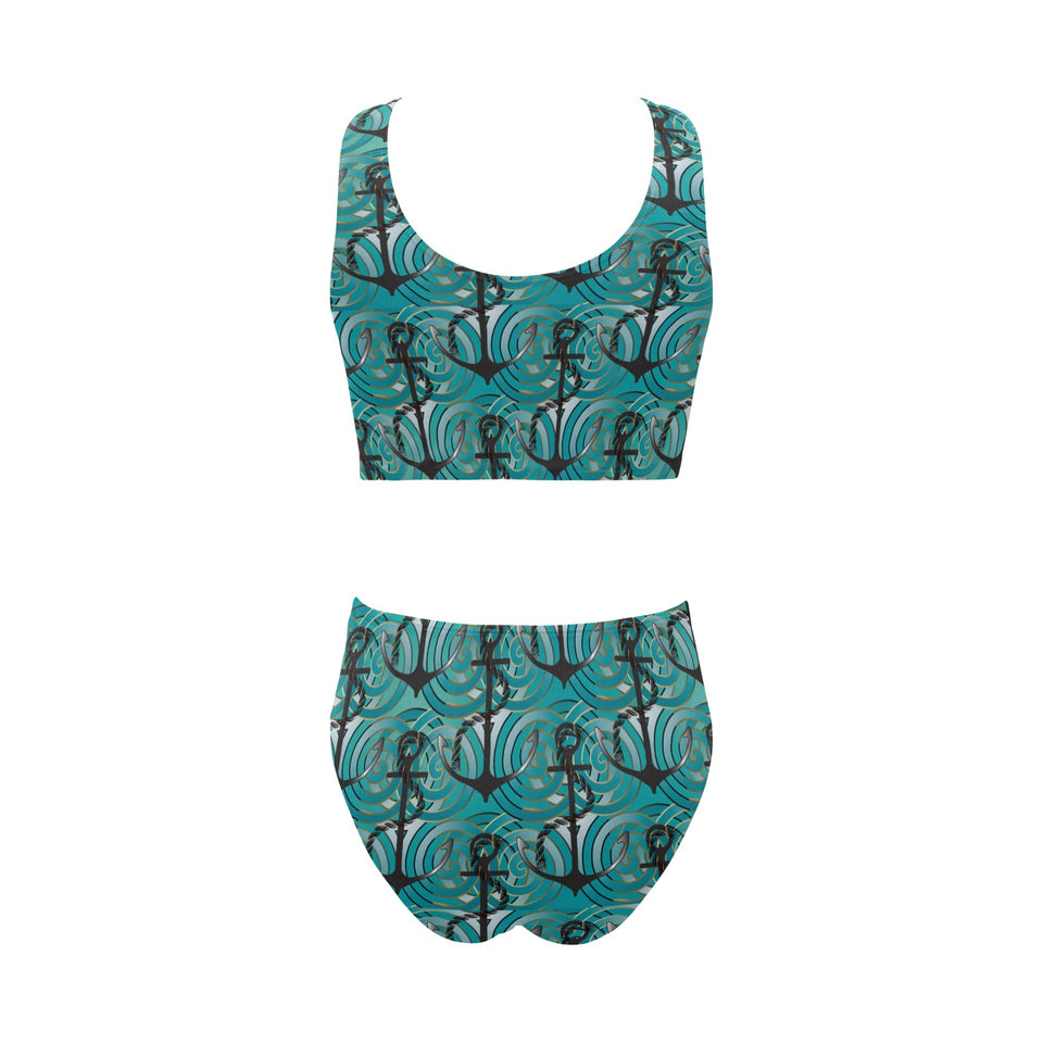 Anchor nautical green background Chest Bowknot High Waisted Bikini Swimsuit