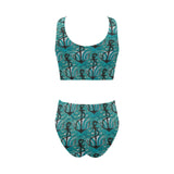 Anchor nautical green background Chest Bowknot High Waisted Bikini Swimsuit