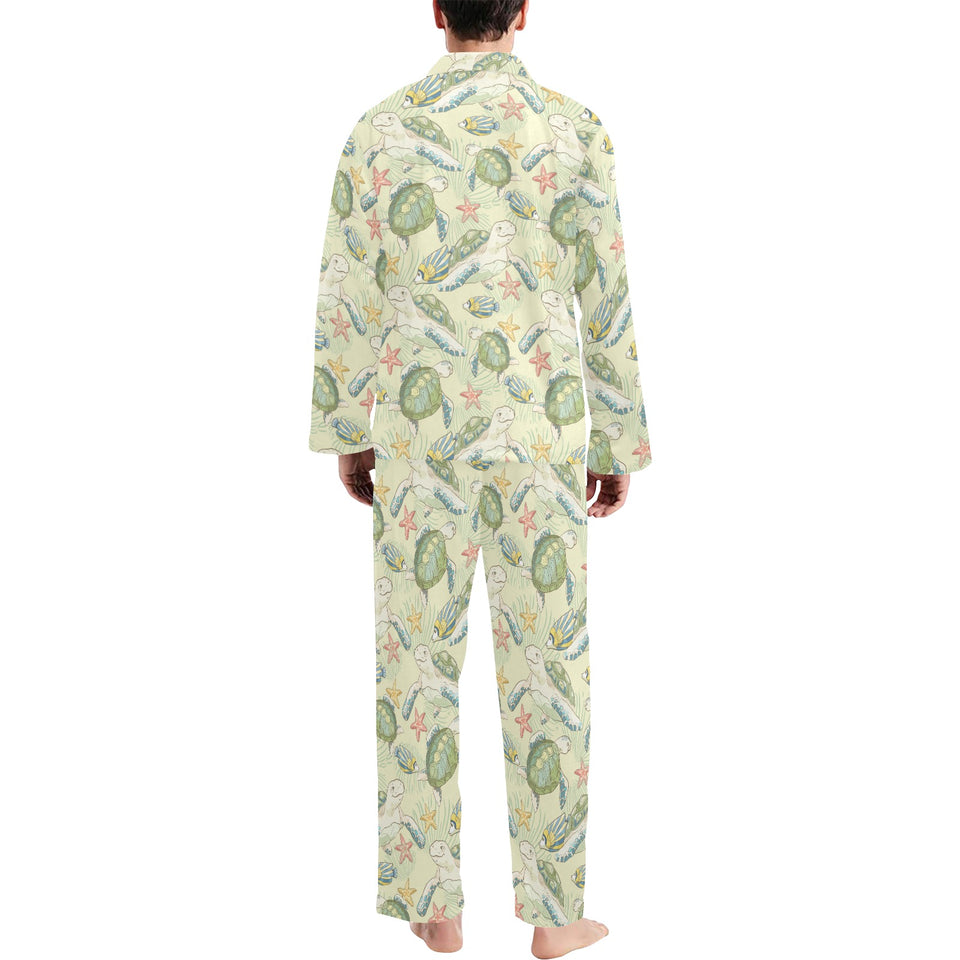 Hand drawn sea turtle fish pattern Men's Long Pajama Set