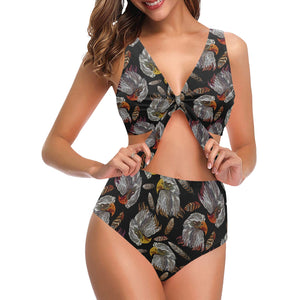 Eagle Pattern Print Design 05 Chest Bowknot High Waisted Bikini Swimsuit