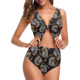 Eagle Pattern Print Design 05 Chest Bowknot High Waisted Bikini Swimsuit