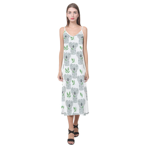 Hand drawn Koala leaves pattern V-Neck Open Fork Long Dress