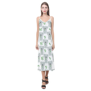 Hand drawn Koala leaves pattern V-Neck Open Fork Long Dress