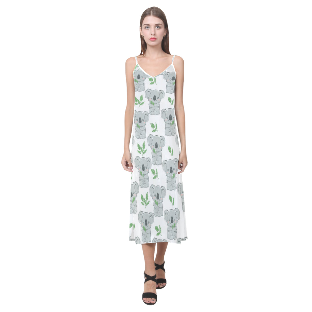 Hand drawn Koala leaves pattern V-Neck Open Fork Long Dress