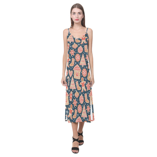 Christmas gingerbread cookie pattern V-Neck Open Fork Long Dress