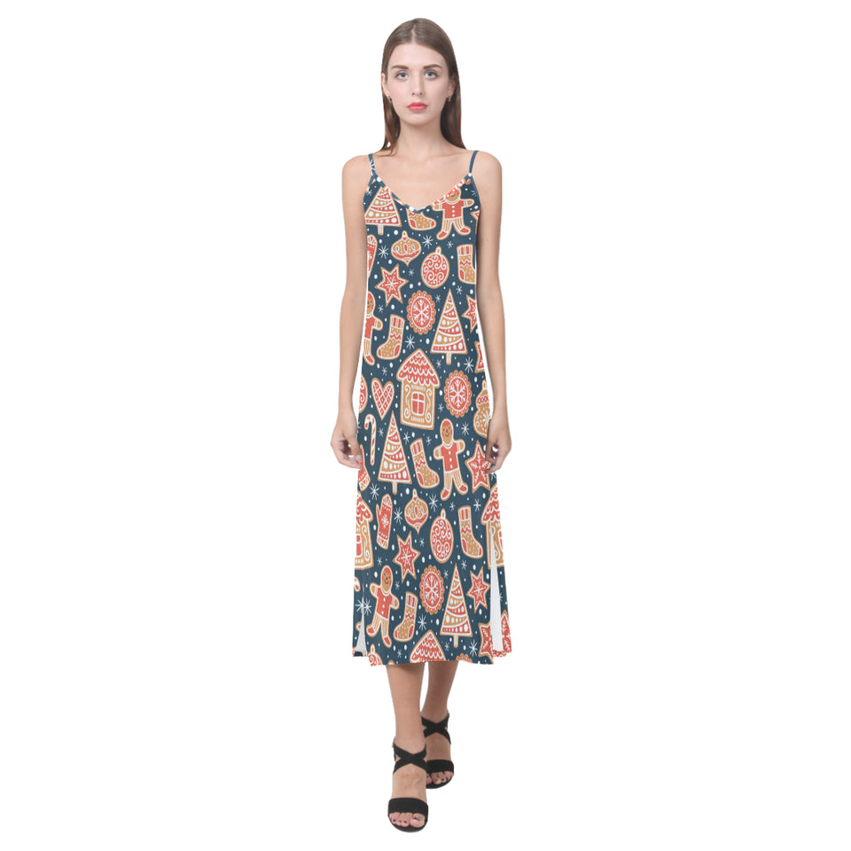 Christmas gingerbread cookie pattern V-Neck Open Fork Long Dress