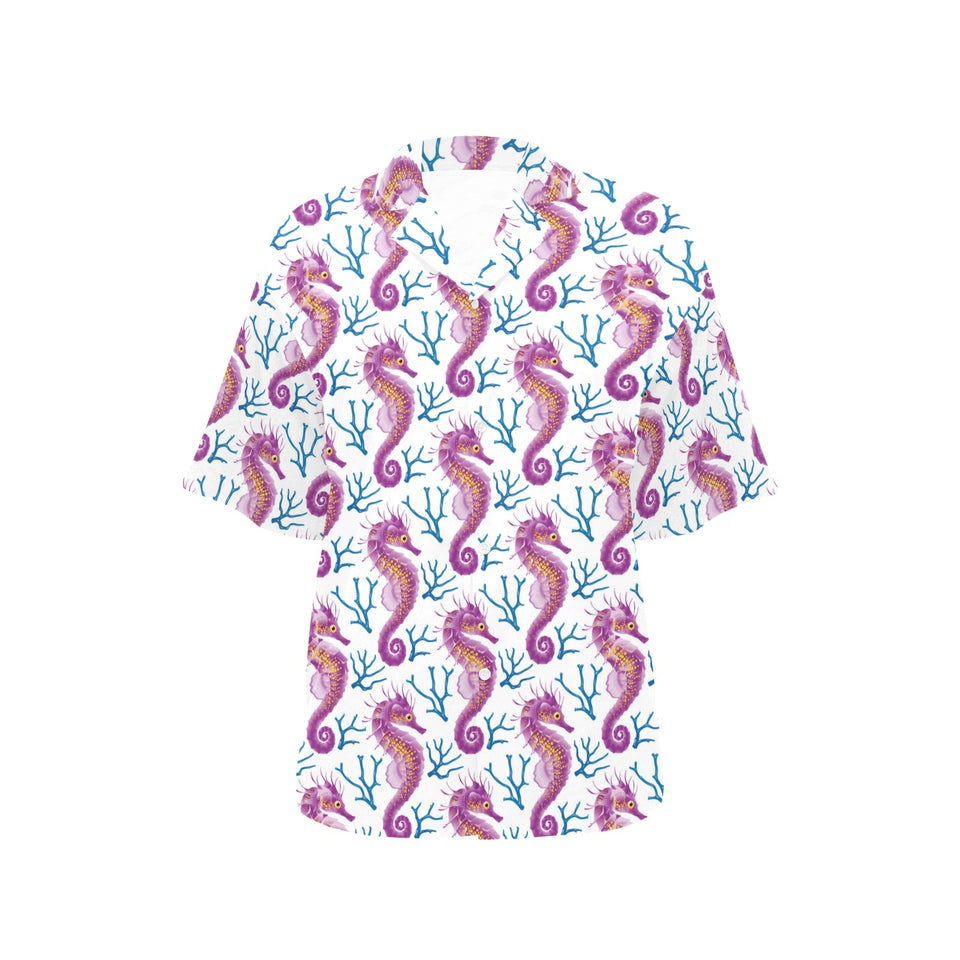 Purple seahorse blue coral pattern Women's All Over Print Hawaiian Shirt