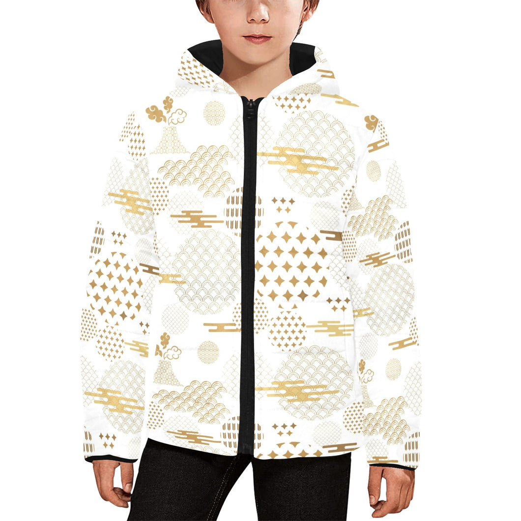 Beautiful gold japanese pattern Kids' Boys' Girls' Padded Hooded Jacket