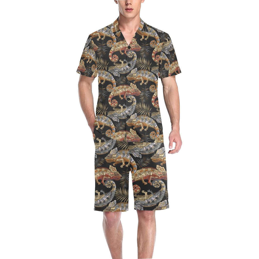 Chameleon lizard tropical leaves palm tree Men's V-Neck Short Pajama Set