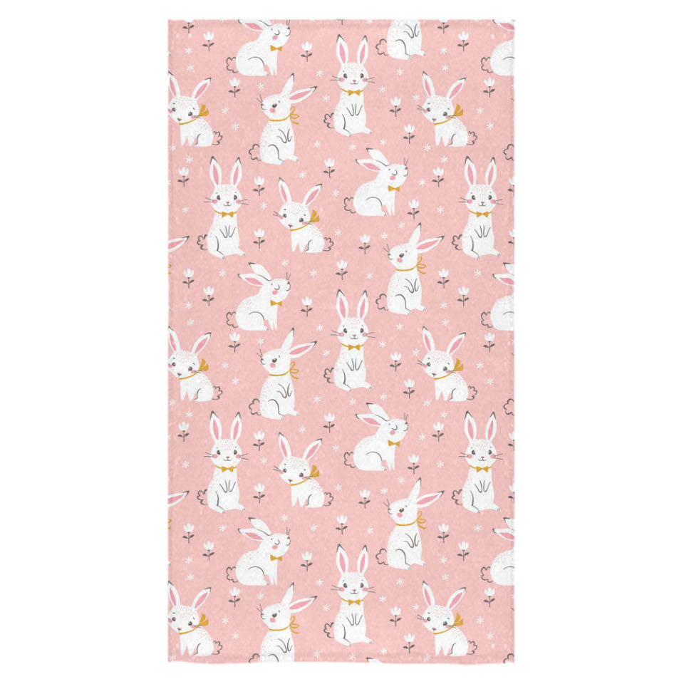 Cute white rabbit flower pink background Bath Towel